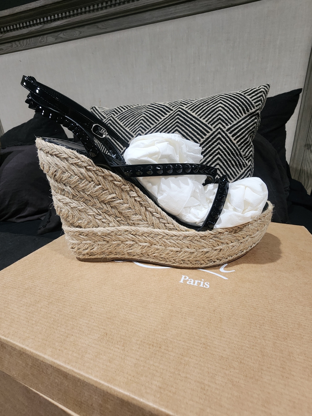 Christian Louboutin Black Patent Espadrille Wedge Sandals